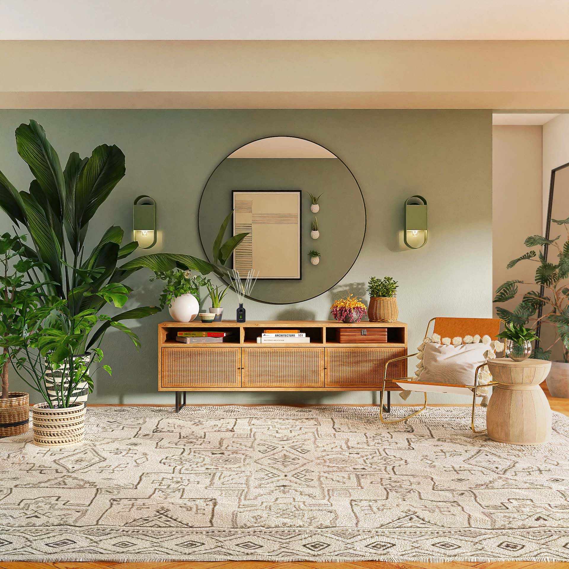 Minimalistischer Korridor mit tropischen Pflanzen als Dekoration und holziges, modernes, Sideboard an der Wand mit rundem, grossem Spiegel obendrauf. Auf dem Sideboard befindet sich ein Diffusor mit Stäbchen 'Dolce Confetto'.