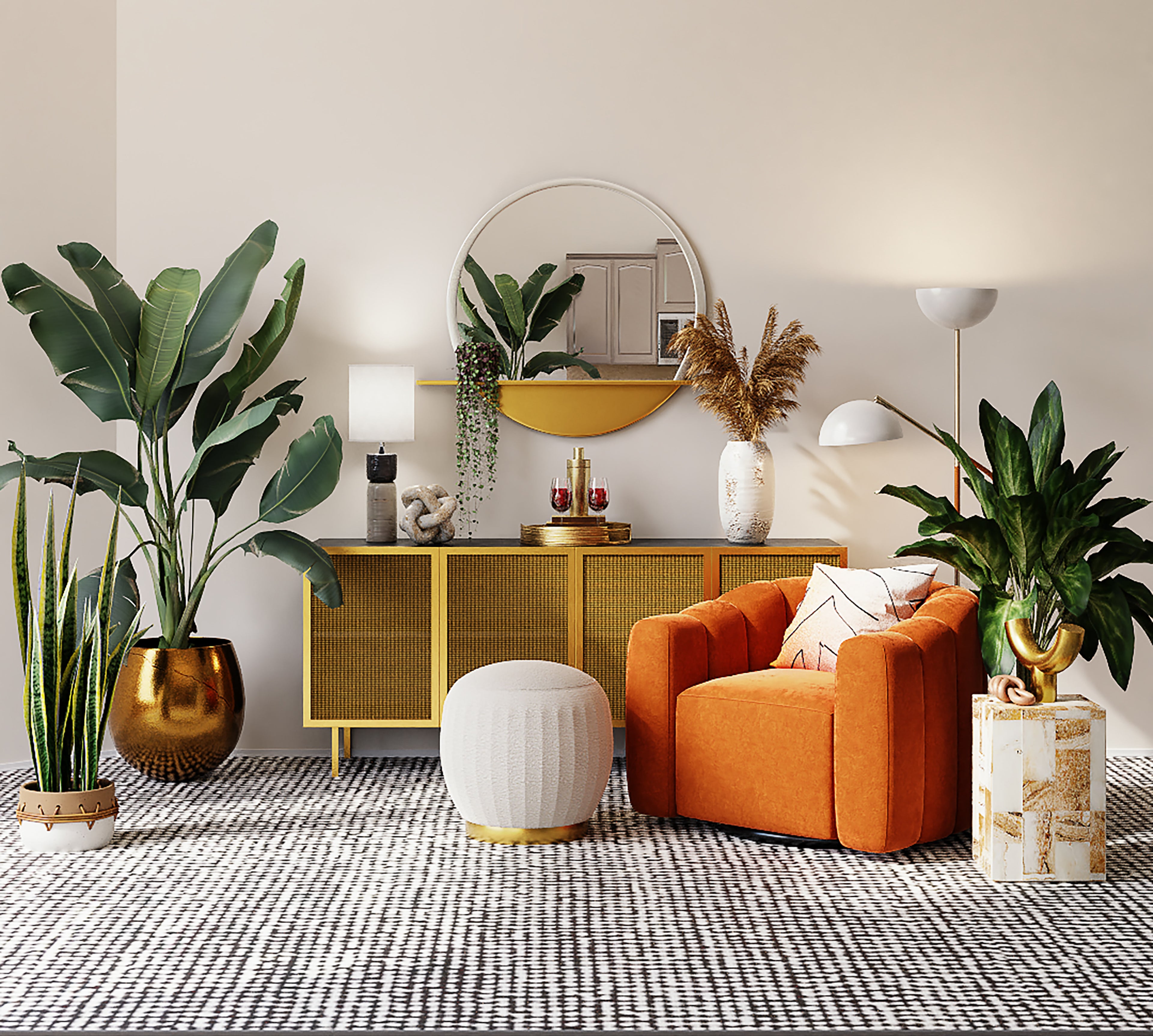 bequemes-wohnzimmer-mit-pflanzen-und-edle-moderne-farbige-möbel